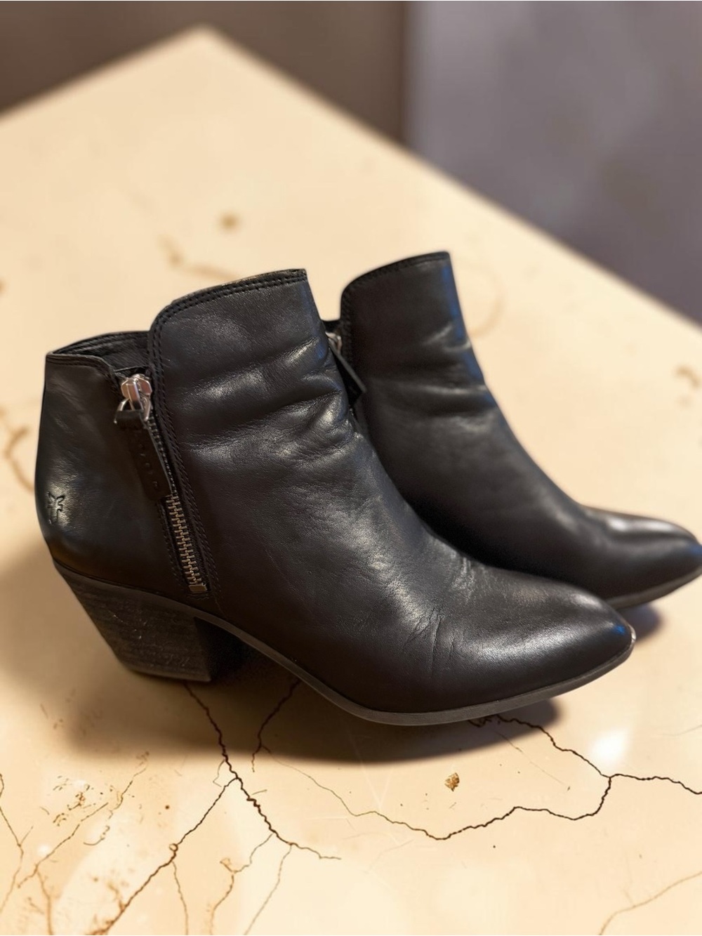 Frye Black Leather Side Zip Ankle Boots Block Heel Genuine Leather Booties - Picture 6 of 15